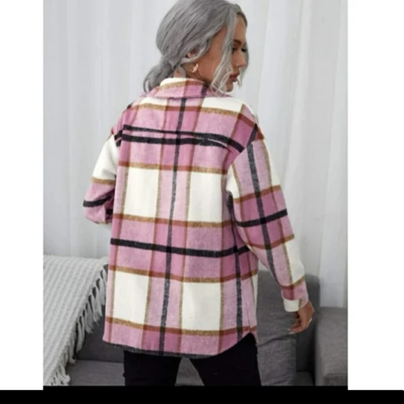 Pink Multicolor Plaid Button Front Coat - Picture 5 of 6